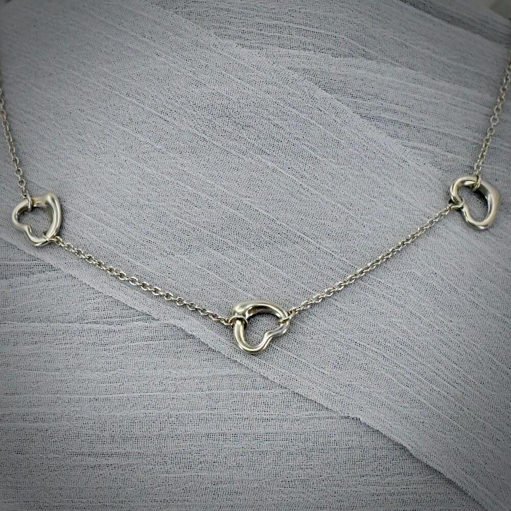 Tiffany & Co. Elsa Peretti Triple 3 Heart Necklace 925 Silver Spain 16" - Picture 3 of 9